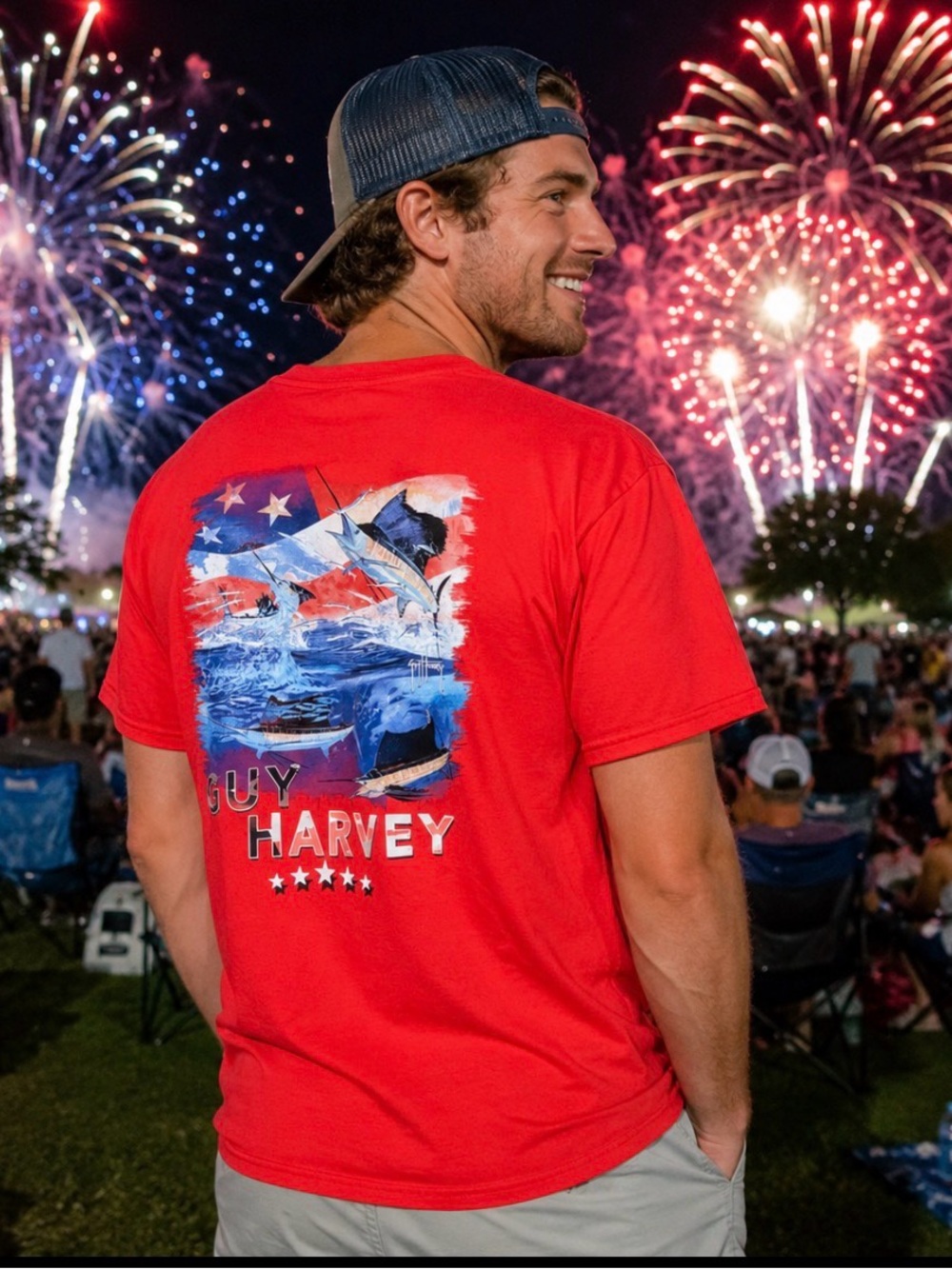 Guy Harvey Red Tee with Patriotic Marlin Graphic Men's Medium Summer Fun